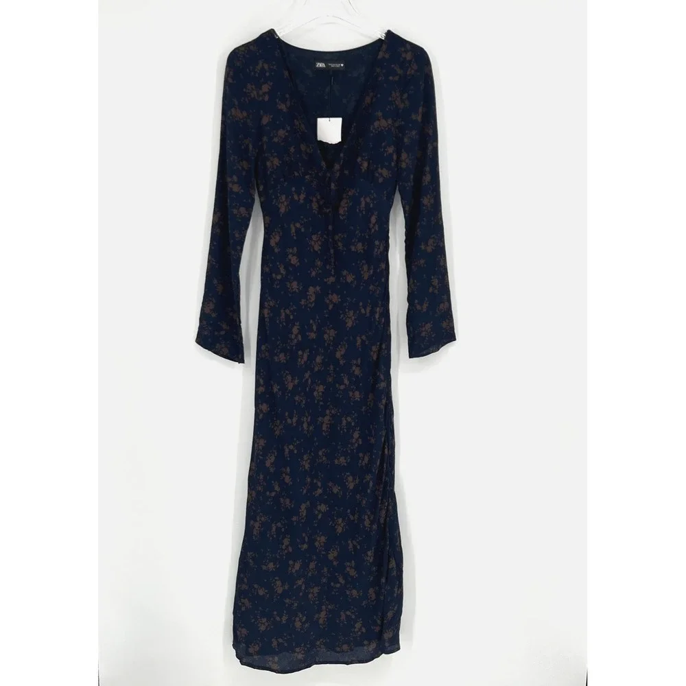 Zara Midi Dress Womens S Blue Floral‎ Blogger Favorite Boho Dark Blue